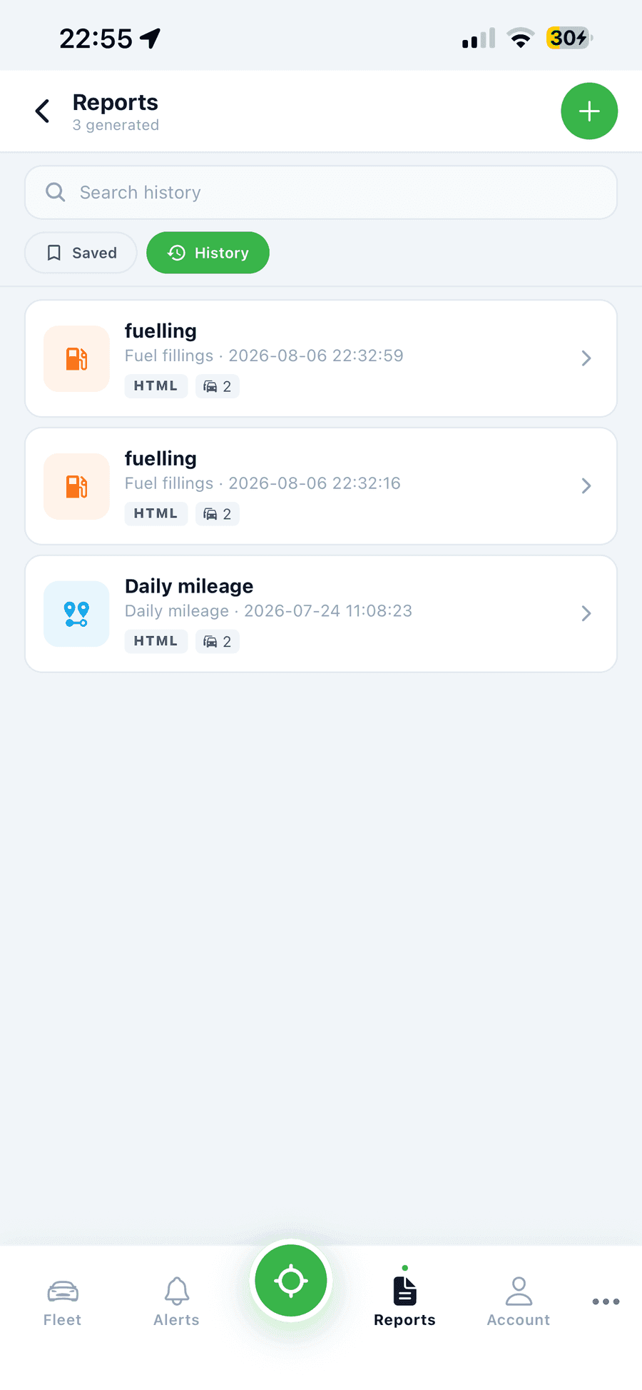 Primera Fleet app, reports on demand: Fuel fillings and daily mileage, generated and saved from your phone.