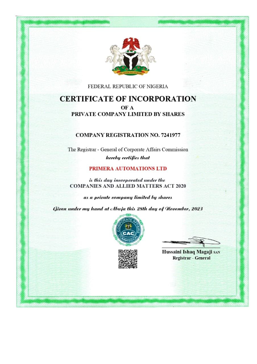 Primera Automations Ltd Certificate of Incorporation — RC 7241977